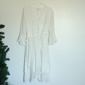 Jodifl White Swiss Dot Wrap Dress With Waist Tie & Ruffles